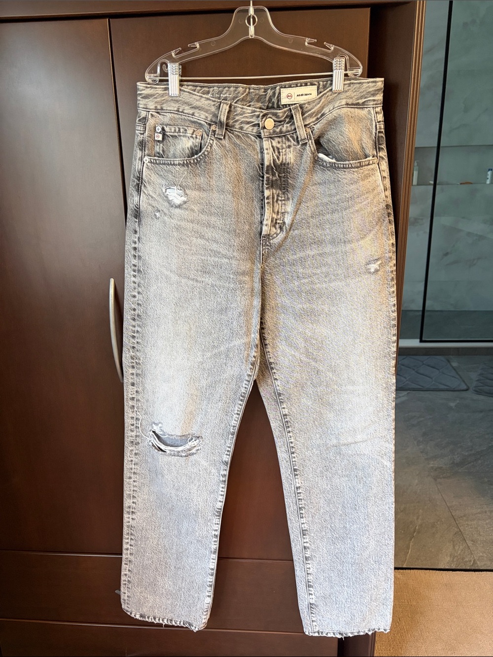 AG Ezra Boyfriend Jeans Size 26 Grey Wash Distressed Button Fly.